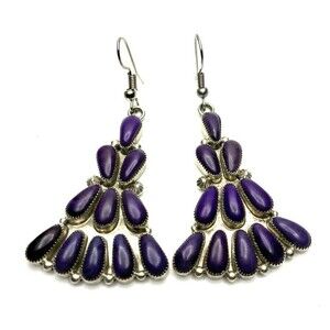 Zuni Artisan Jennie Vicenti Silver Dangle Drop Purple?Sugilite?Pierced Earrings